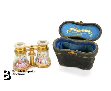 Antique L'ingeur Godchaux pair gilt brass, mother of pearl and enamel opera glasses, the enamel grips decorated with scenes o