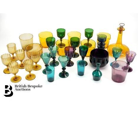 19th Century English glass, including six amber ribbed wine glasses circa 1820, peacock blue wine glass circa 1840, amethyst 