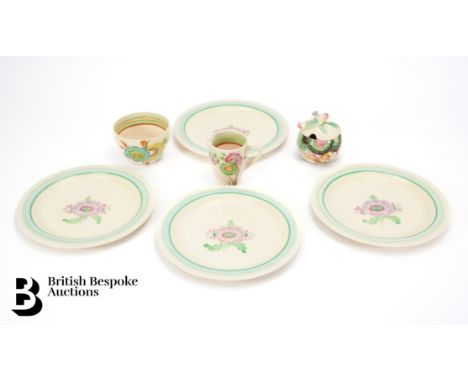 Clarice Cliff pottery, circa 1930's, four side plates 19 cms diameter 'Sundew' pattern, black factory mark to base; together 
