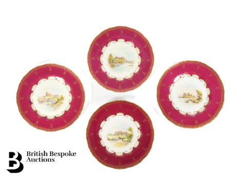 Set of four Royal Worcester cabinet plates, decorated with views of castles within a claret gilt border including Kenilworth 