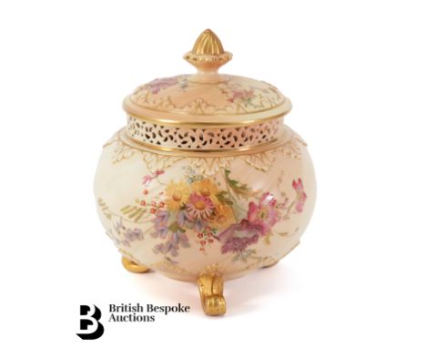 Royal Worcester blush ware potpourri and cover, circa 1903, wrythen design painted with wild flowers, with reticulated collar