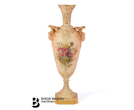 Royal Worcester blush ware vase, nr 1410, circa 1909, the vase of tapering form with mask handles, approx 28 cms h.  Conditio