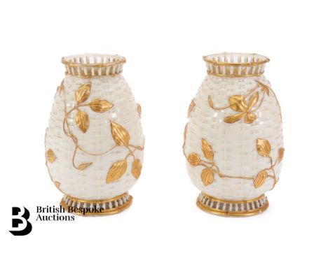 Pair of Royal Worcester blush ivory basket weave vases, with trailing foliate decoration, nr 1037, approx 20 cms.&nbsp;Condit