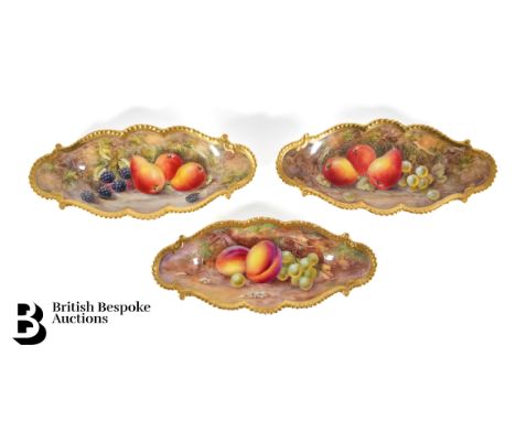 Two Royal Worcester Fallen Fruits bon bon dishes. Each dish painted with autumnal fruits heightened with gilt edged rims, sig