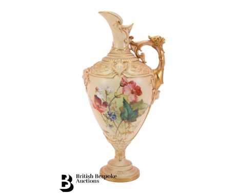 Royal Worcester blush ware ewer, nr 1742, date code circa 1902. The body of the ewer painted with wild flowers, with mask c-s