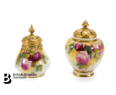 Royal Worcester potpourri and cover. The vase decorated with roses, signed M. Hunt, 17.5 cms h, puce factory mark, model nr 1