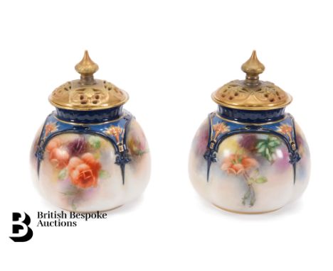 Pair of Hadley Worcester potpourri and cover, painted with roses, factory marks to base, approx 12 cms h.&nbsp;Condition Repo
