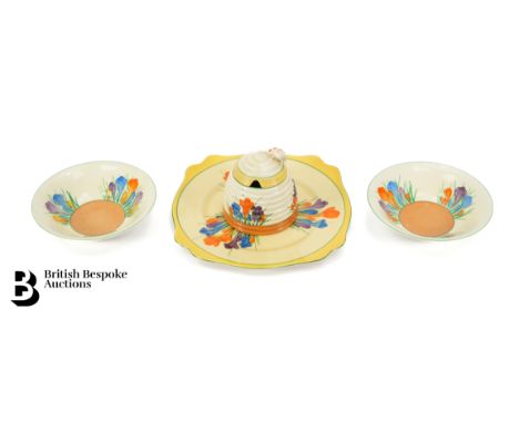 Clarice Cliff pottery, including a 'Crocus' pattern, Bizarre range sandwich plate, impressed mark to base 4/32, approx 25 cms