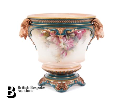 John Hadley & Sons Faience Worcester blush ware jardiniere, nr 168/10, painted with lily with figural ram's head handles in r