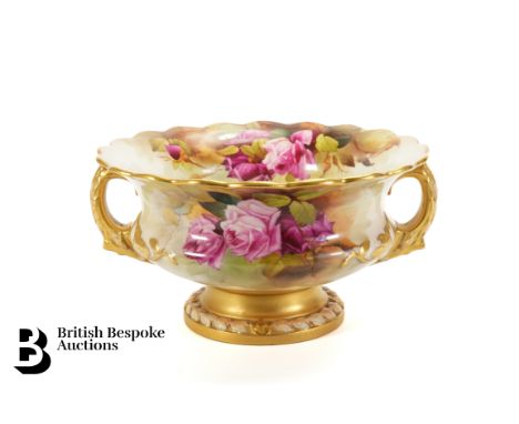 Elegant Royal Worcester twin-handled fruit bowl. The bowl painted with roses to the exterior of the bowl with continuous rose