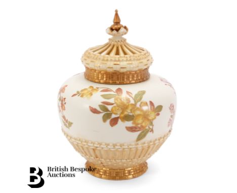 Royal Worcester blush ivory pot pourri and cover, circa 1889. The large potpourri painted with various sprays of flowers, hav