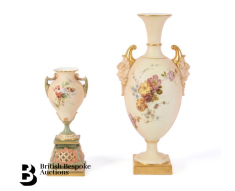 Royal Worcester blush ware vase, puce factory mark nr 1716, circa 1895, painted with roses, with faun mask handles and foot h