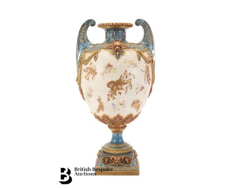 A substantial Royal Worcester twin handled blush ivory urn, nr 1398, neoclassical in style with upright scroll handles with f