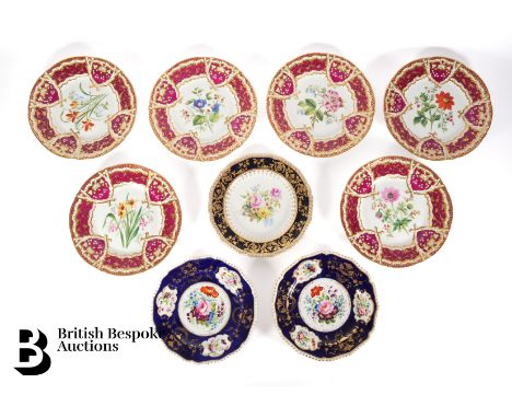 Set of six 19th Century English porcelain cabinet plates, each finely painted with flowers enclosed by a border of burgundy g