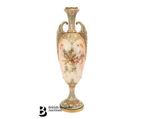 Substantial Royal Worcester twin-handled blush ware vase, nr 2033, circa 1900, approx 60 cms. This vase is finely painted wit