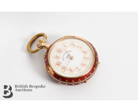 Golay-Keresche Fils 18ct yellow gold pocket watch. The watch having 18mm white enamel face with red Arabic dial, having a red