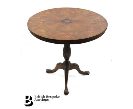 Antique marquetry tilt top table. The table top profusely decorated with various fruit wood and satinwood inlay, approx 89 cm