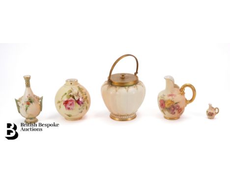 Royal Worcester blush ware vases, one painted with rose and lily, puce factory mark nr 1039 dated 1914 approx 10 cms h; minia