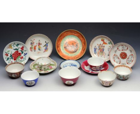 A COLLECTION OF EIGHT 18TH AND 19TH CENTURY CHINESE PORCELAIN SAUCERS with polychrome enamel decoration and six tea bowls (14