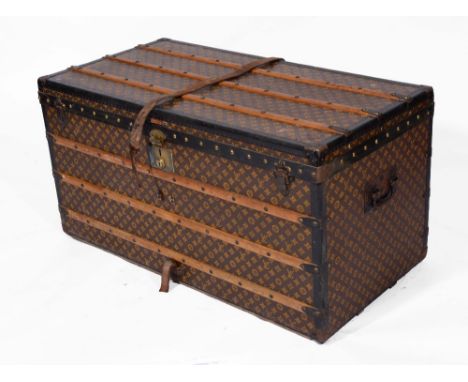 A LOUIS VUITTON STEAMER TRUNK labelled 149 New Bond Street London No. 207926 with replaced lock and original stamped hasps, a