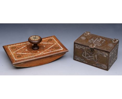 AN EGYPTIAN BRASS AND PEWTER INLAID RECTANGULAR BOX AND COVER, 10cm wide and a mother of pearl inlaid blotter (2)