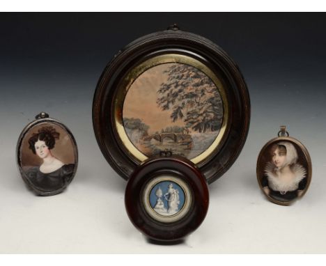 A 19TH CENTURY OVAL MINIATURE PORTRAIT ON CARD of a girl wearing a lace bonnet with ruff and double strand pearl necklace, 8 