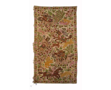 A KASHMIRI CREWEL WORK WALL HANGING decorated a hunting scene, 123 x 60cm