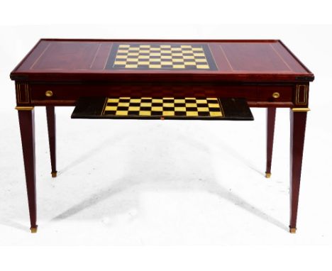 A LOUIS XVI STYLE MAHOGANY GAMES TABLE with backgammon and chess top, silvered sconces and on square tapering legs, 97cm wide