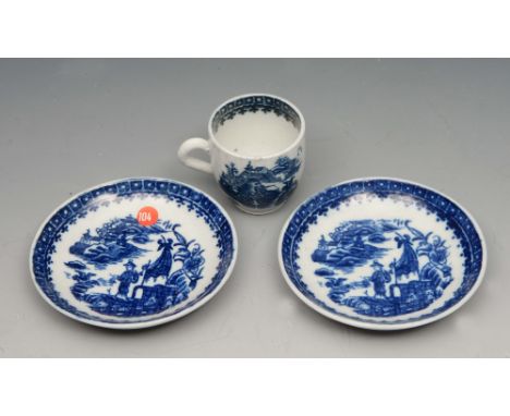 A CAUGHLEY MINIATURE BLUE AND WHITE TEA CUP AND SAUCER and a further saucer, near matching, cup 3.5cm high
