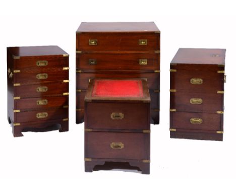 A GROUP OF FOUR PIECES OF MILITARY STYLE FURNITURE TO INCLUDE a four drawer chest, 76cm wide; a five drawer chest, 46cm wide;