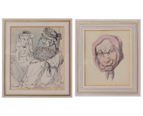 ATTRIBUTED TO JOHN NIXON (c.1760-1818) Character study of two old ladies, ink and grey wash, and four further theatrical or p