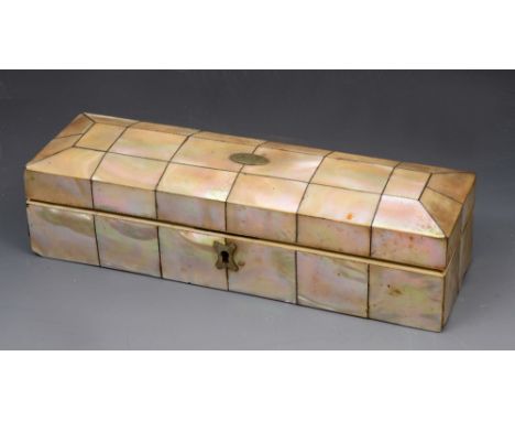 A 19TH CENTURY MOTHER OF PEARL VENEERED RECTANGULAR BOX, 24cm long, containing a collection of assorted Chinese mother of pea