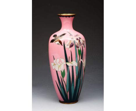 A JAPANESE CLOISONNÉ ENAMEL VASE decorated bird amongst irises on a pink ground, 54cm high