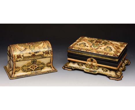 A VICTORIAN, COLONIAL, BLACK AND WHITE LACQUERED WORK BOX with hinged rising lid and classical motif decoration, Indian Army 