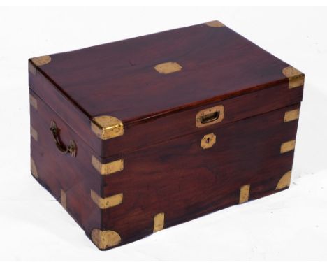 A 19TH CENTURY COLONIAL TEAK AND CAMPHORWOOD SMALL TRUNK, brass bound with inner tray and side carrying handles, 55 x 36cm