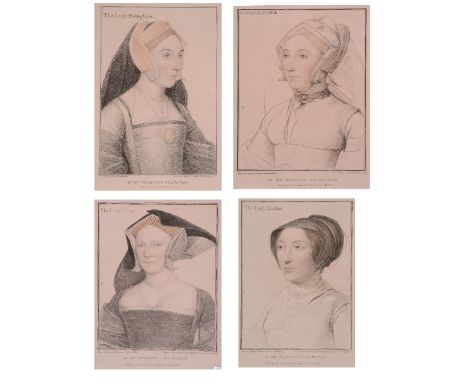 A COLOURED ENGRAVING of Princess Charlotte of Wales dated 1816, verre eglomise frame, 52 x 40cm overall; four portrait prints