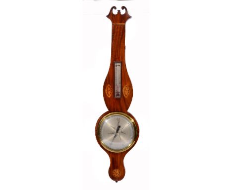 A GEORGIAN MAHOGANY SATINWOOD INLAID WHEEL BAROMETER with thermometer and silvered dial and break arch pediment signed Geo Go