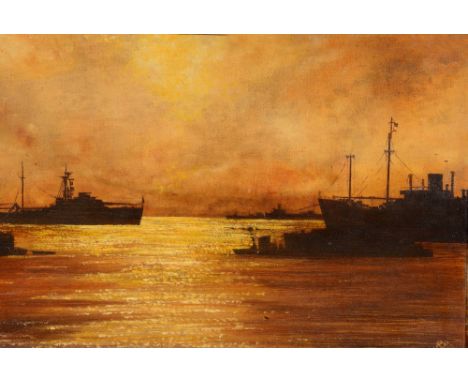 R PHILLIPS Sunset over Aden Harbour, oil on board, signed with initials and inscribed verso in gilded frame, 52 x 49cm