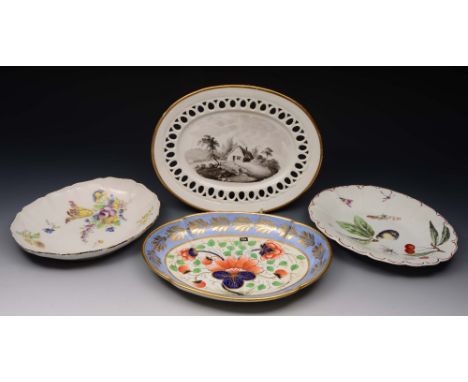 A BOW PORCELAIN DISH decorated a spray of summer flowers, 23cm wide, a Derby oval dish with insect and fruit decoration, 24cm