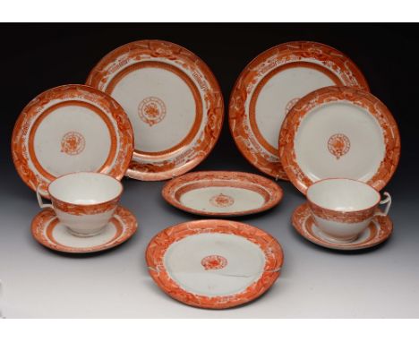 A CHINESE EXPORT PART SERVICE consisting of two cups and saucers, three side plates, two dinner plates and an oval dish, each