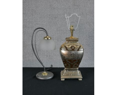 A contemporary painted table lamp in the form of a Chinese vessel together with metal table lamp with frosted glass shade rai