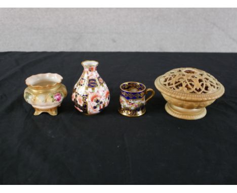 Four pieces of English porcelain comprising of a Royal Crown Derby Imari porcelain miniature vase, a small early 20th century