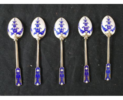 A set of five silver and guilloche blue and white enamel stylised hair bell and foliate design coffee spoons by Turner &amp; 