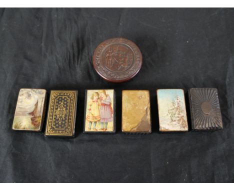 Six assorted rectangular late 19th/early 20th century painted snuff/match holders, each decorated with different scenes, toge