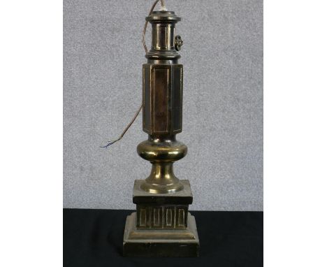 A 19th century cast brass hexagonal telescopic table lamp raised on square base. H.47 W.15 D.15cm 