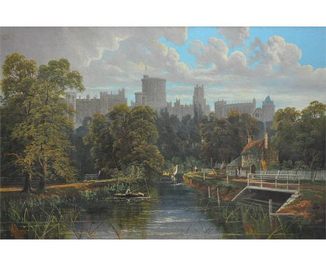 R Allan (British 19th century), "Fishing on the Thames with Windsor Castle in the distance", oil on canvas, signed lower left