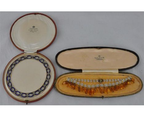 A vintage seed pearl and graduated&nbsp;citrine type choker, with gilt metal mounts in leather box, together with a vintage w