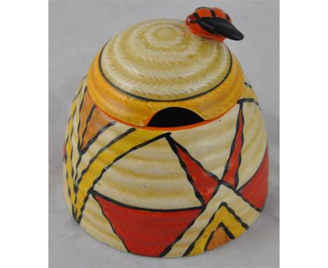 Clarice Cliff for Wilkinson, a Sunburst beehive honey pot, Bizarre marks, 9cm high