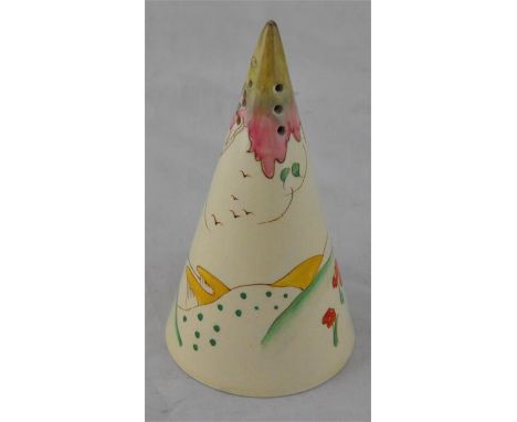 Clarice Cliff for Wilkinson, a Pink Taormina conical sugar sifter, Clarice mark CONDITION: Tip restored
