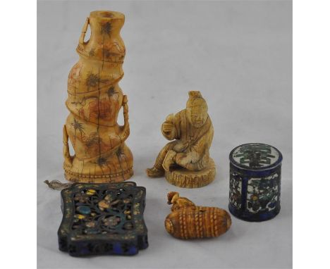 A group of five oriental items. comprising Chinese ivory bamboo branch vase, circa 1910, 11.5cm high, an ivory figure of a se
